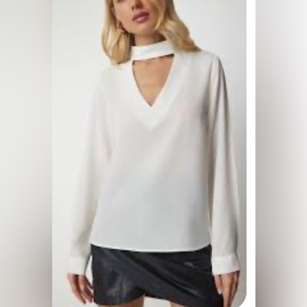 V-Neck Cutout Long Sleeve Women's Top - White